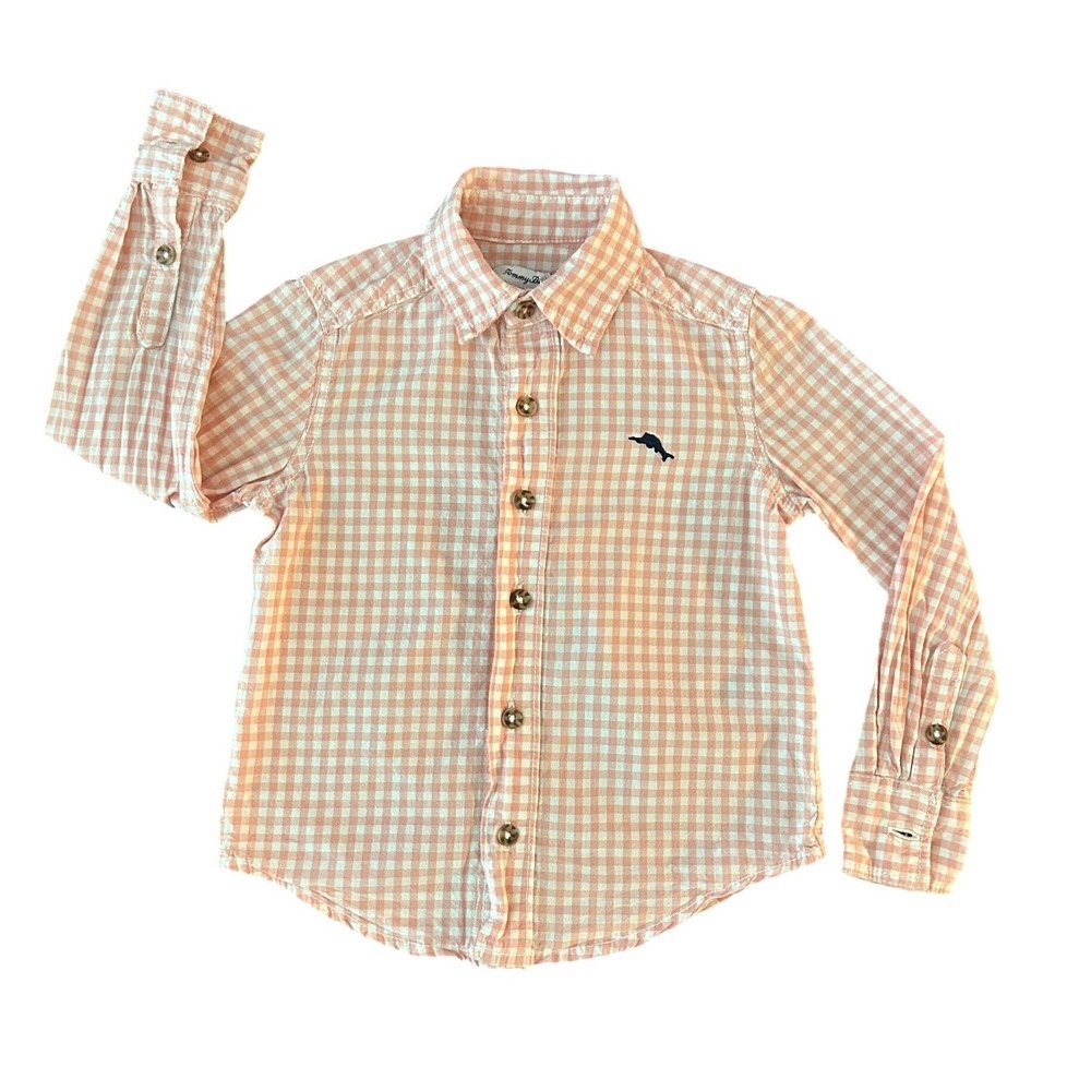 Tommy Bahama Boys Peach Gingham Long Sleeve Button Down Shirt Size XS 4 (1287)